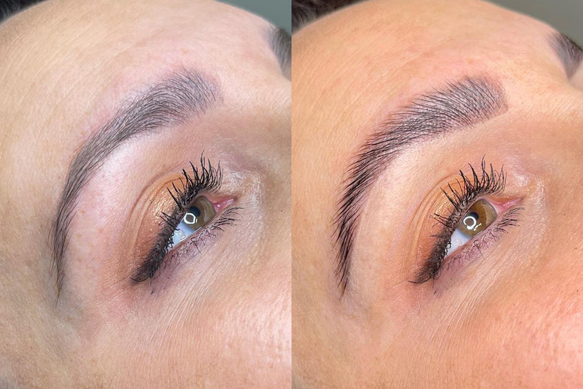 Before and after photos of a woman who got a brow lamination service.