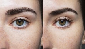 Before and after comparison of a woman's eyes showing eyelash enhancement results, with clear focus on the increased length and volume of her lashes.